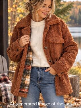 Paraphrase Teddy Sherpa Jacket Womens L Rust Brown Shacket Cozy Fall Coat Cute!